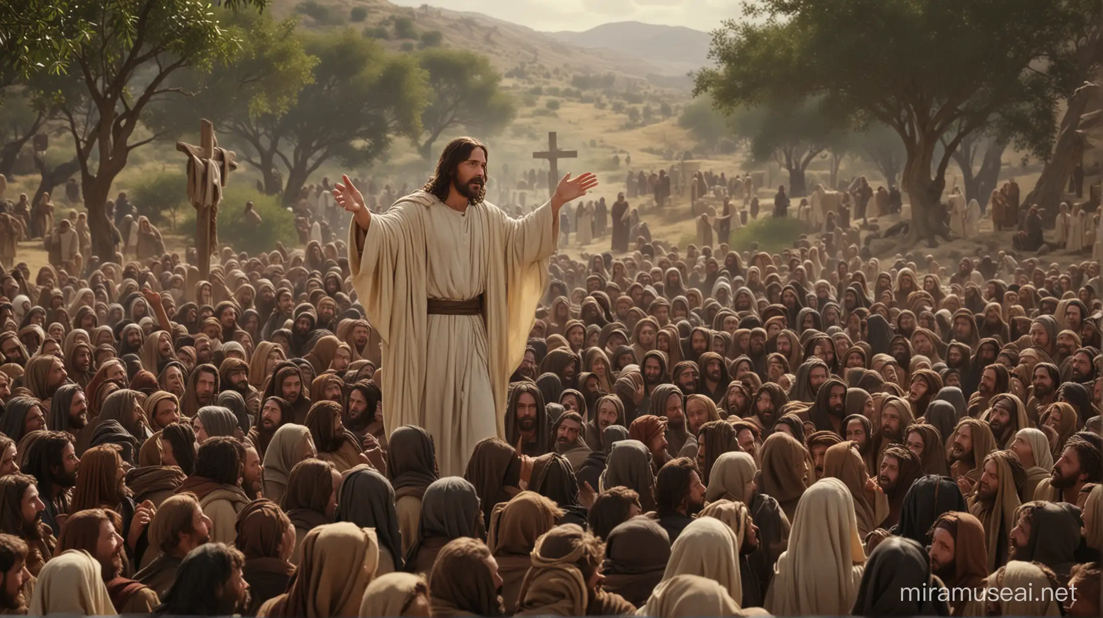 create image of Jesus speaking to his followers in parables. 6k resolution, more realistic, based on the movie The Passion of the Christ.