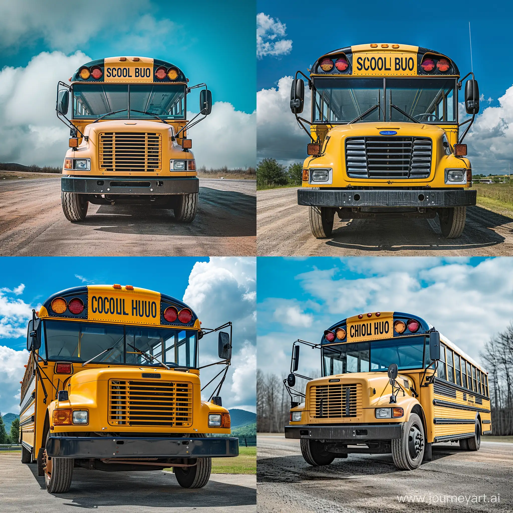 A yellow American school bus parked outdoors with its front facing towards the viewer.