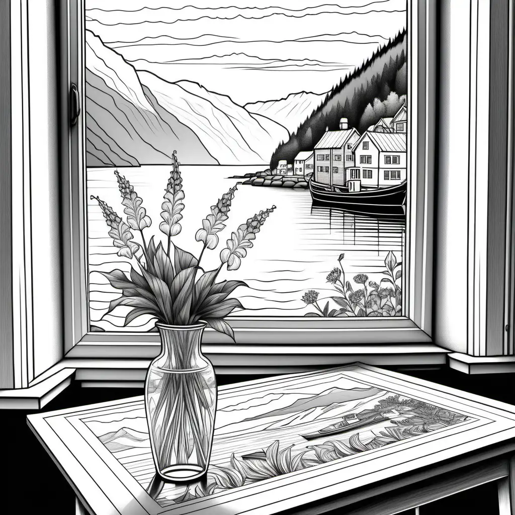 black and white, adult coloring book style drawing, highly detailed, focus on flower arrangements with native norwegian flowers in a simple, vase sitting on  a table in front of a corner window, window scene includes detailed drawing of Norwegian fjord scene with a fishing boat