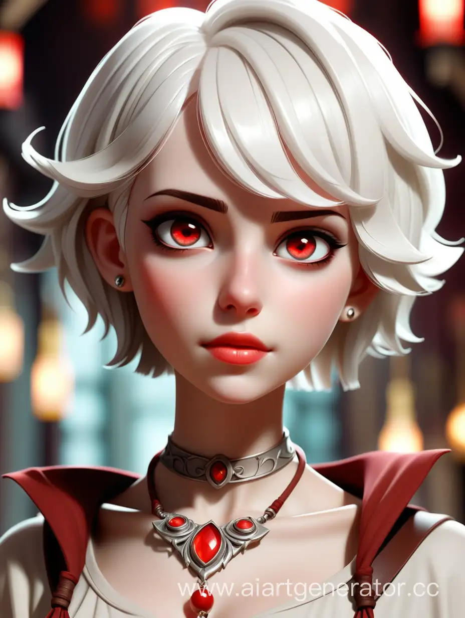 A very beautiful girl with short white hair, her eyes are light brown, her lips are shiny red, wearing a magical necklace.