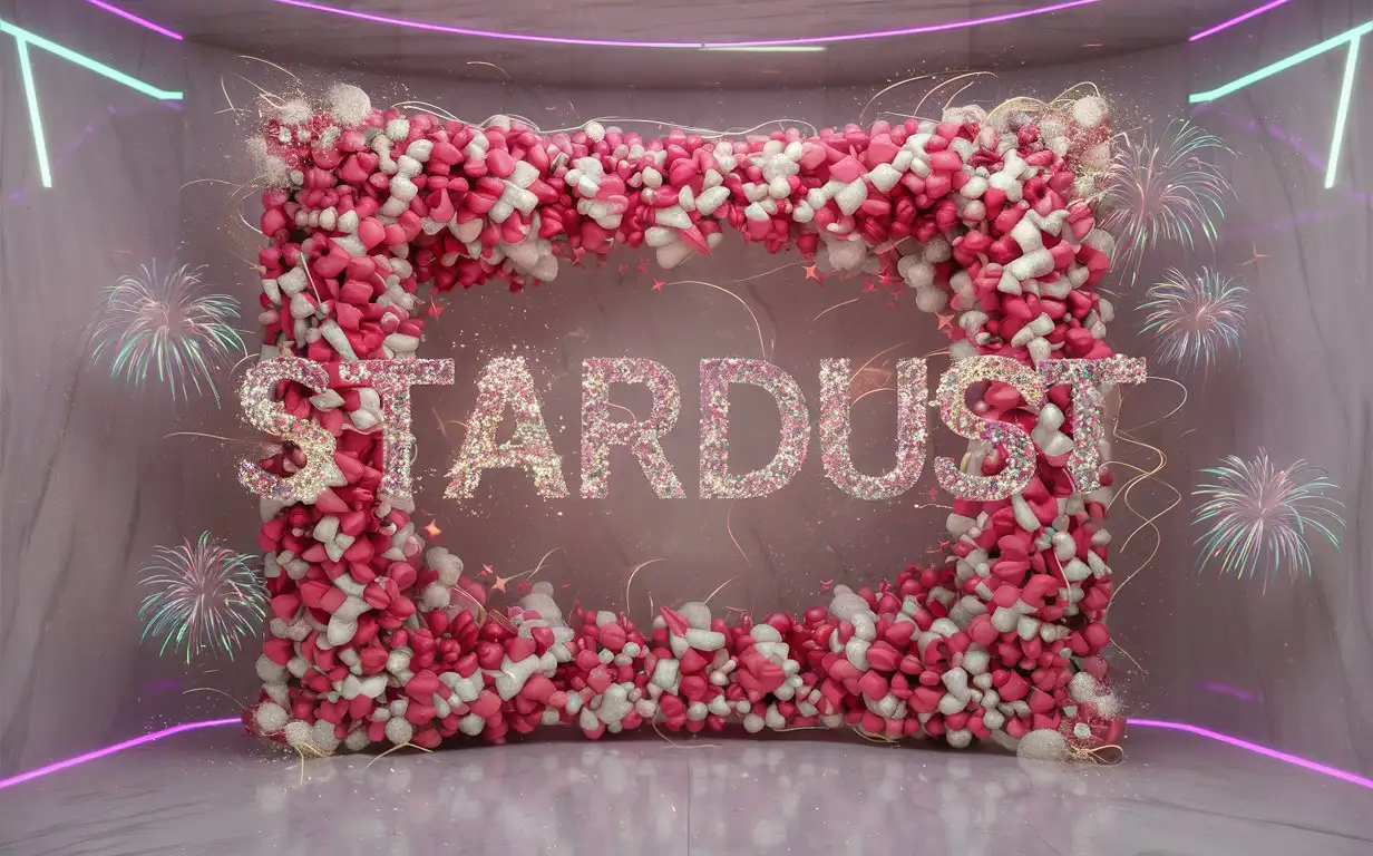 pink and white stars. sprinkled all around. stardust around frame. iridescent fireworks popping every where. marble background. neon. holographic. very intricately and microscopically detailed. ultra realistic 3d blender sfm textures. upscaled definition. cinematic lighting. maya rendered. word art saying "STARDUST"