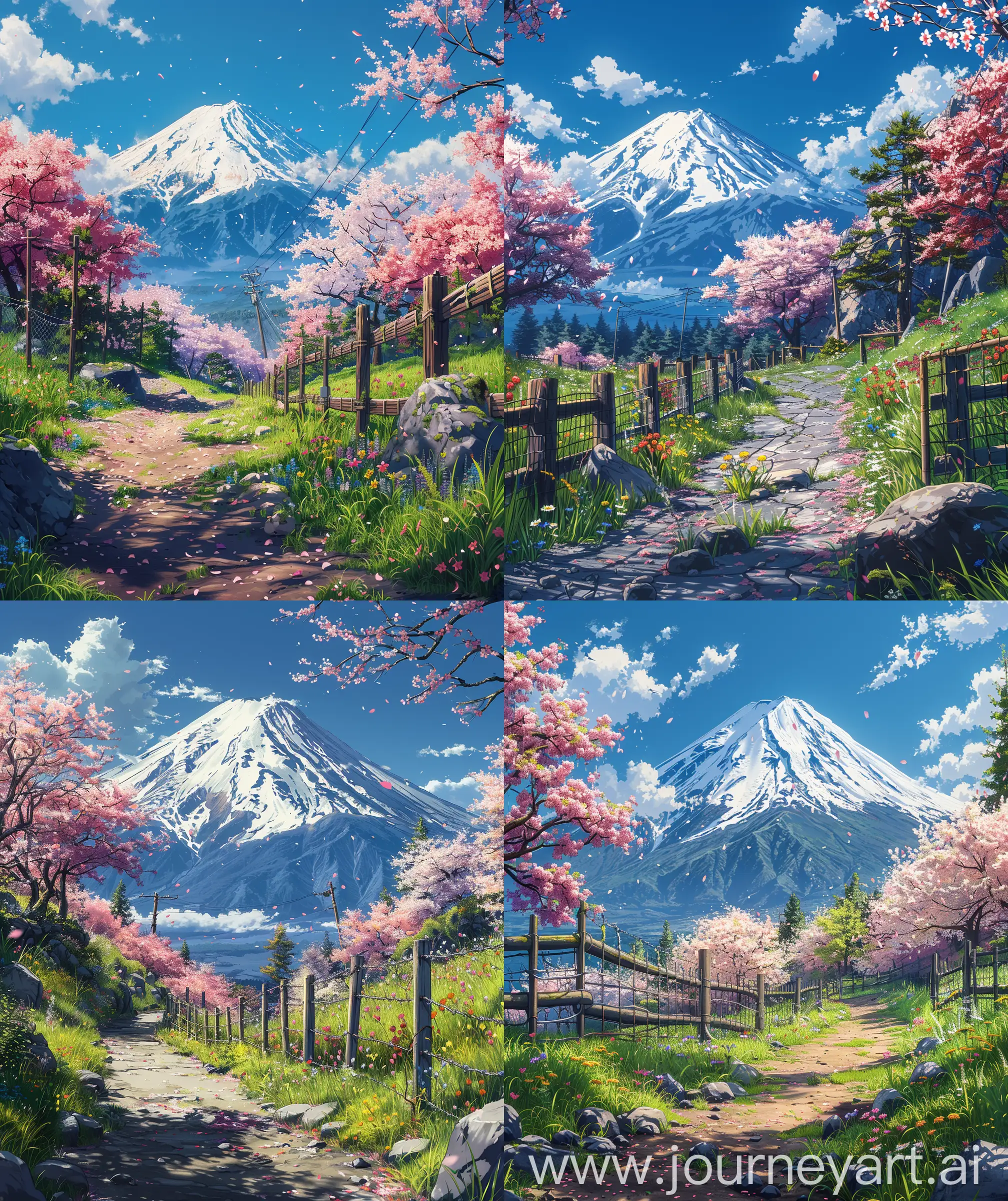 Anime scenary, illustration, mokoto shinkai and Ghibli style mix, direct front facade view of mt fuji , cherry blossom, fence, grass, rock, beautiful road, colorful wild flowers, day time, spring , blue sky, ultra HD, high quality, sharp details, anime style, no hyperrealistic --ar 27:32 --s 400