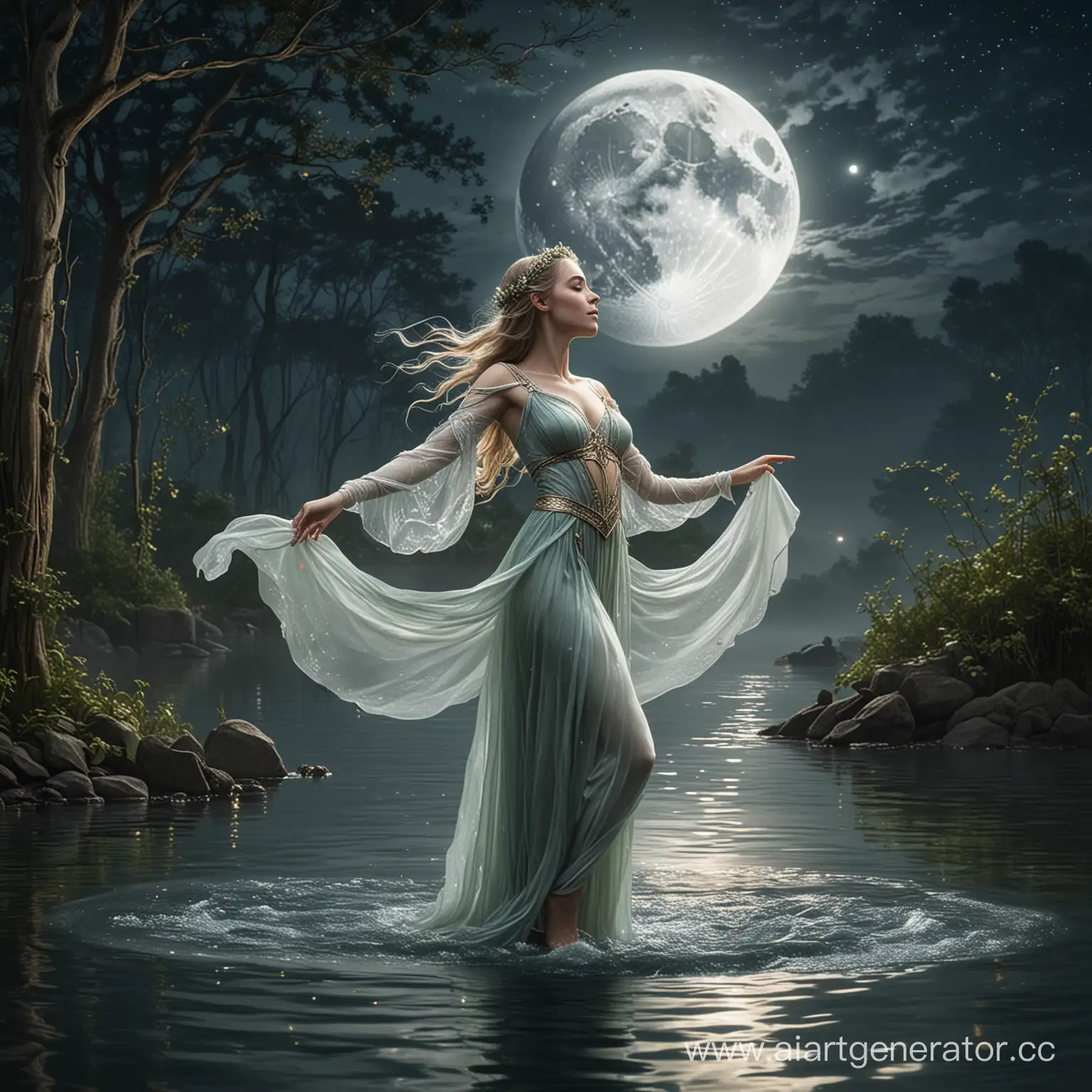 Эльфийская принцесса танцует на воде под луной 