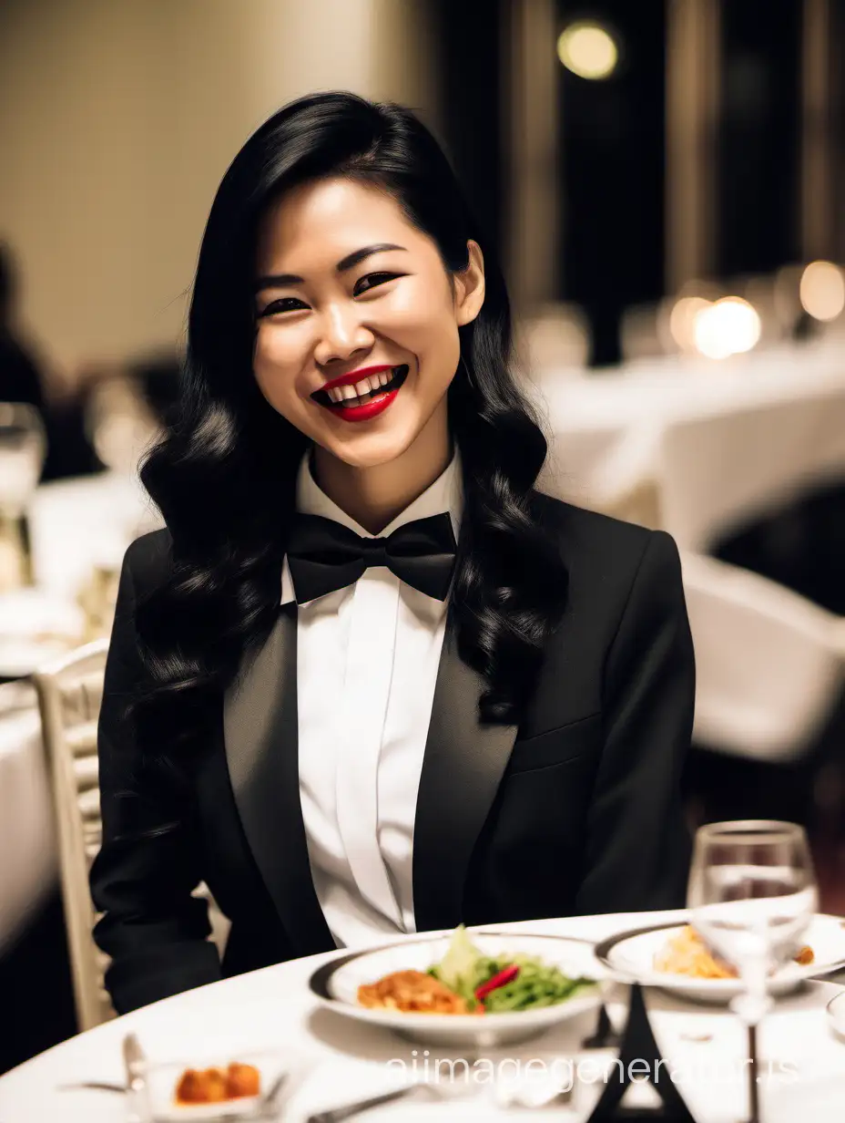 30 year old smiling and laughing Vietnamese woman with long black hair and lipstick wearing a formal tuxedo with a black bow tie and cufflinks. She is at a dinner table.