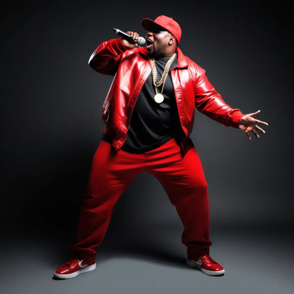 a heavy weight afrincan american 34 year old man with a red outfit on rapping on a mic full body photo