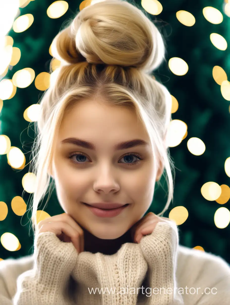 Festive-Blonde-Girl-with-a-Bun-by-the-New-Year-Tree-in-a-Cozy-Sweater