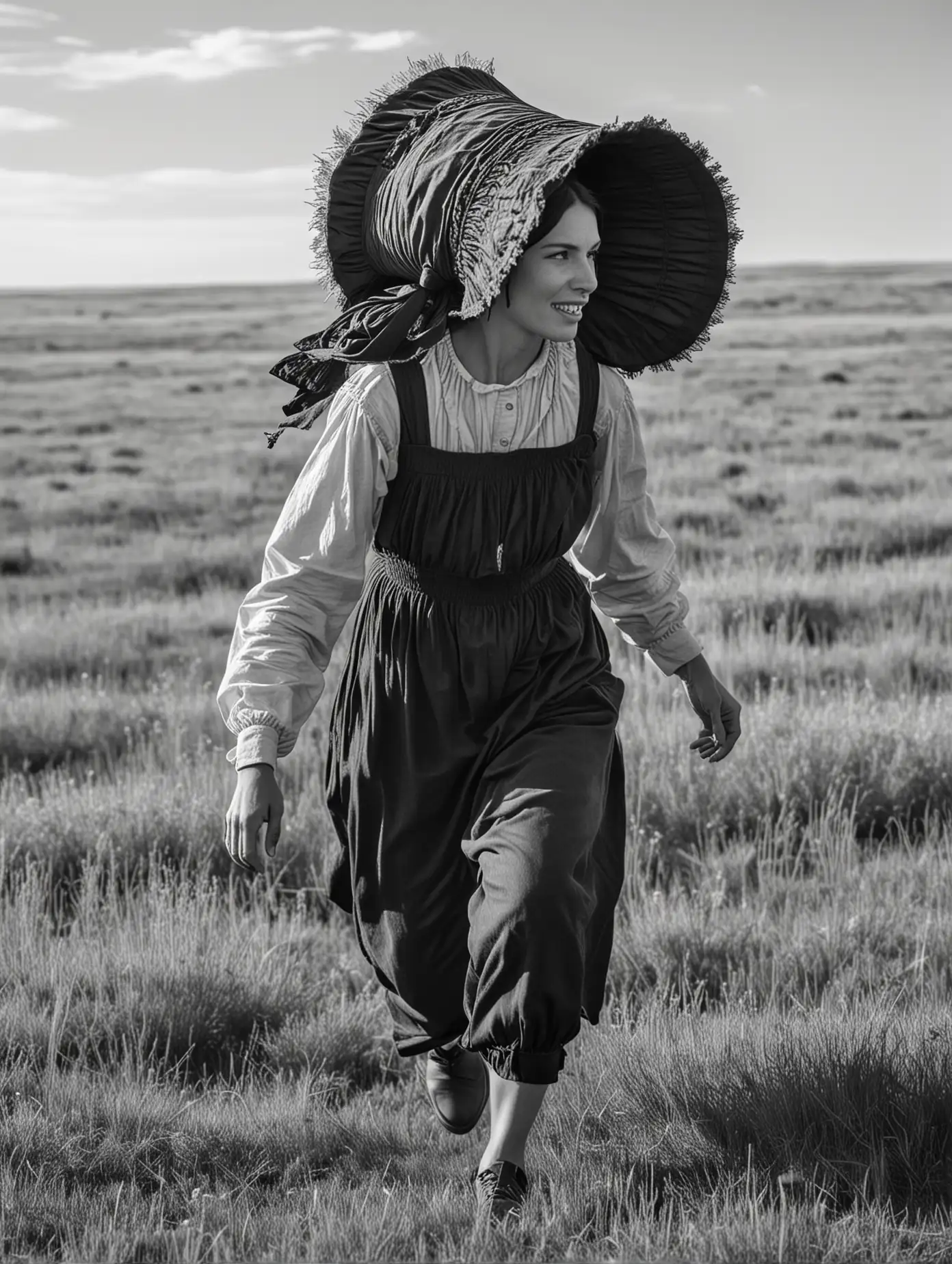 A woman runs through the prairie. She is a pioneer and wears a bonnet. There are buffalo in the background. She is seen from the side. In black and white. 