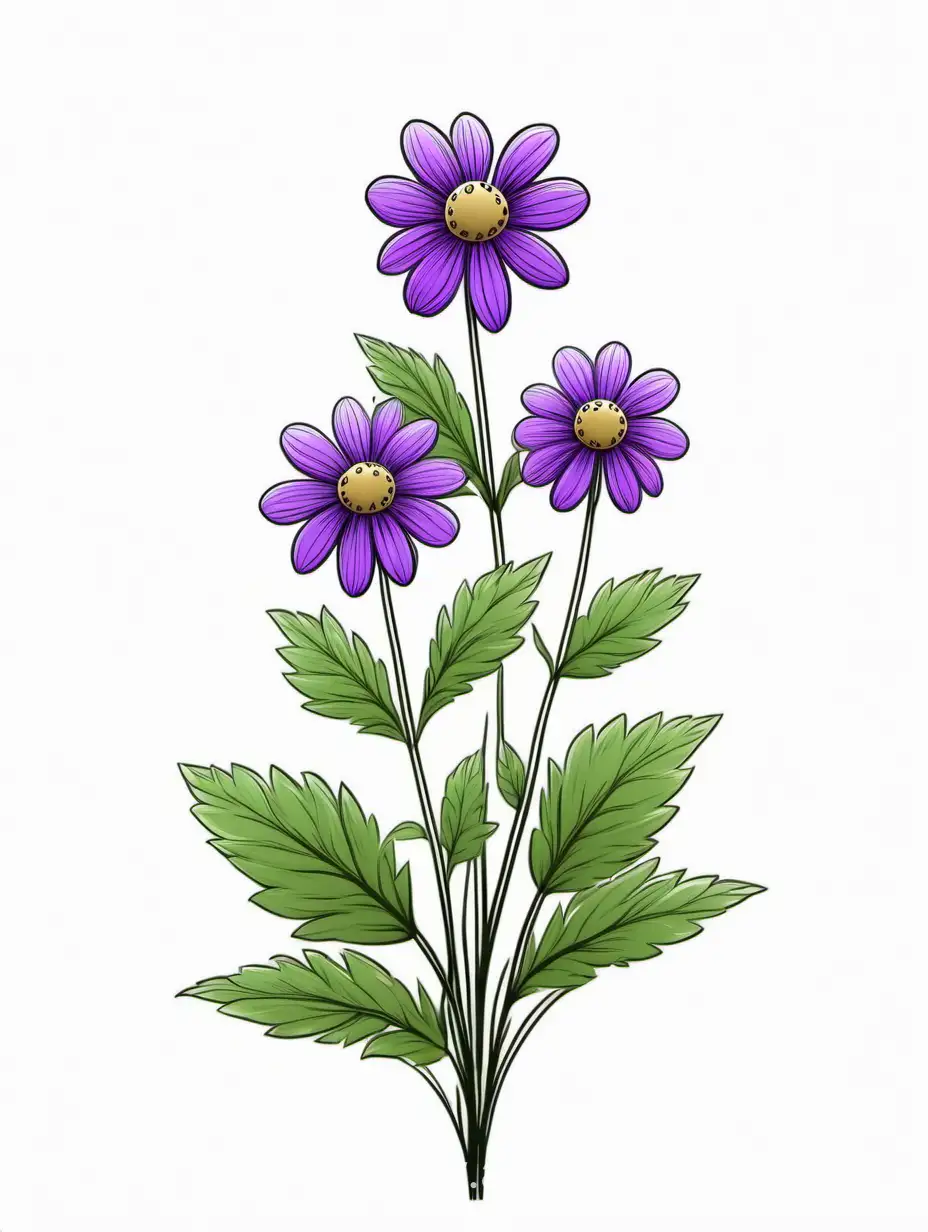 purple BIG wildflower 3 plants lines art, simple, herb, Unique floral, botanical ,grow in cluster, 4K, high quality, white background,