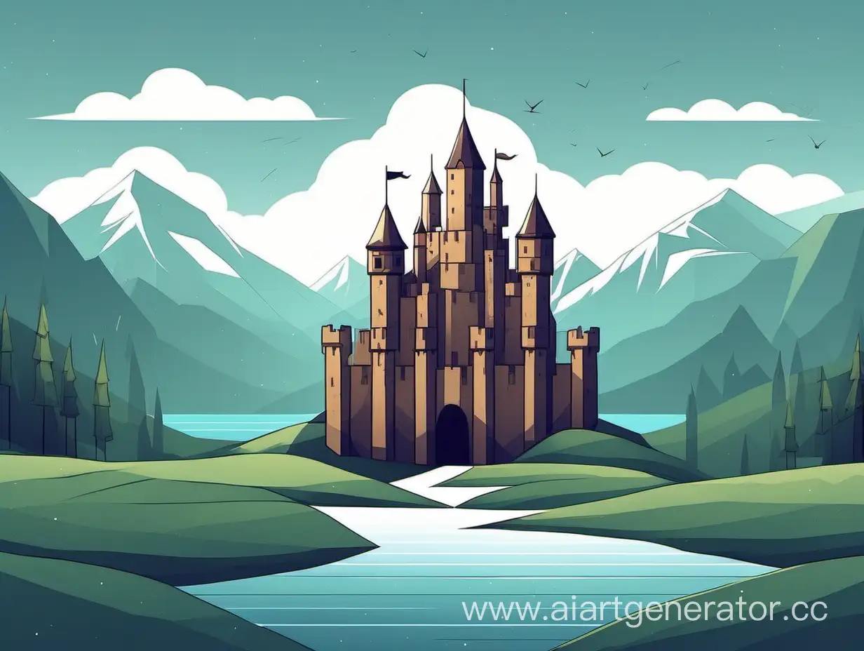 2d castle with mountains and river around it. Minimalism.