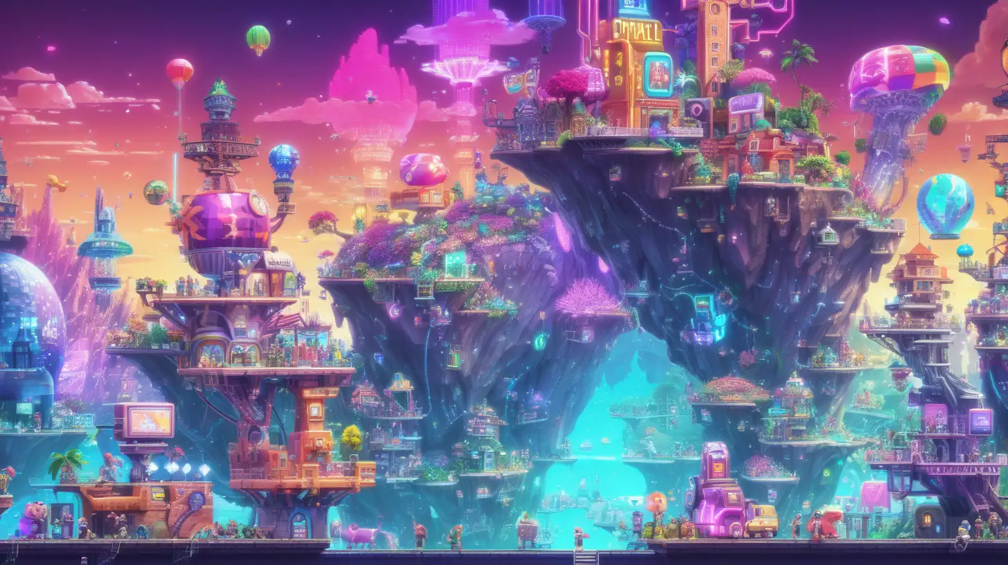 Vibrant Cyberpunk Pixel Art Digital Wonderland Filled with Unusual Characters and Exciting Challenges