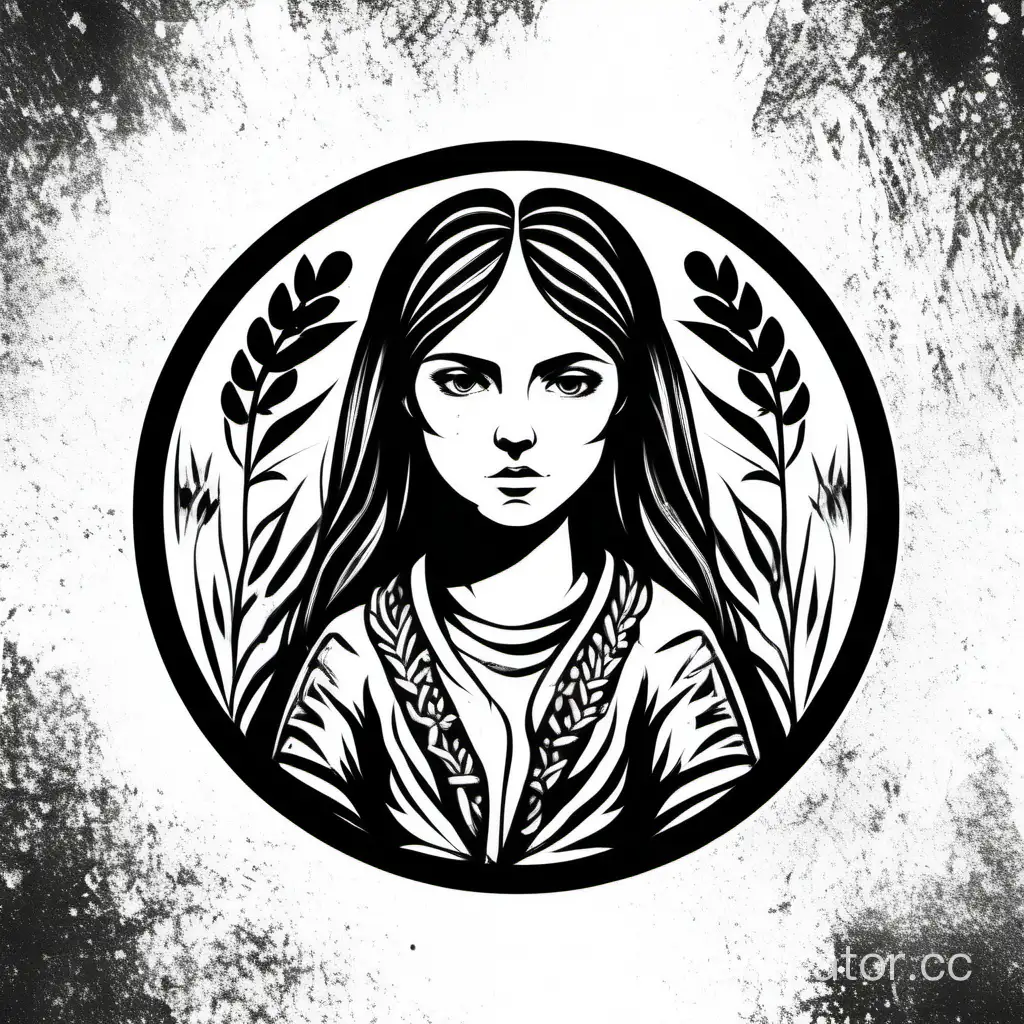 круглый минималистичный гранж черно-белый логотип национального Коми бренда со славянской девушкой