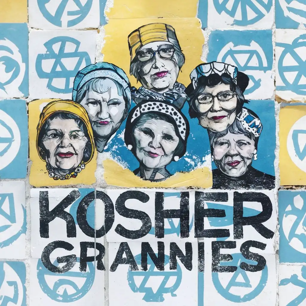logo, Israel, yellow, blue, white, Jewish grannies with headcovers, in Israeli white tiles with Jewish symbols, Paul Klee, with the text "Kosher Grannies", typography, be used in art industry