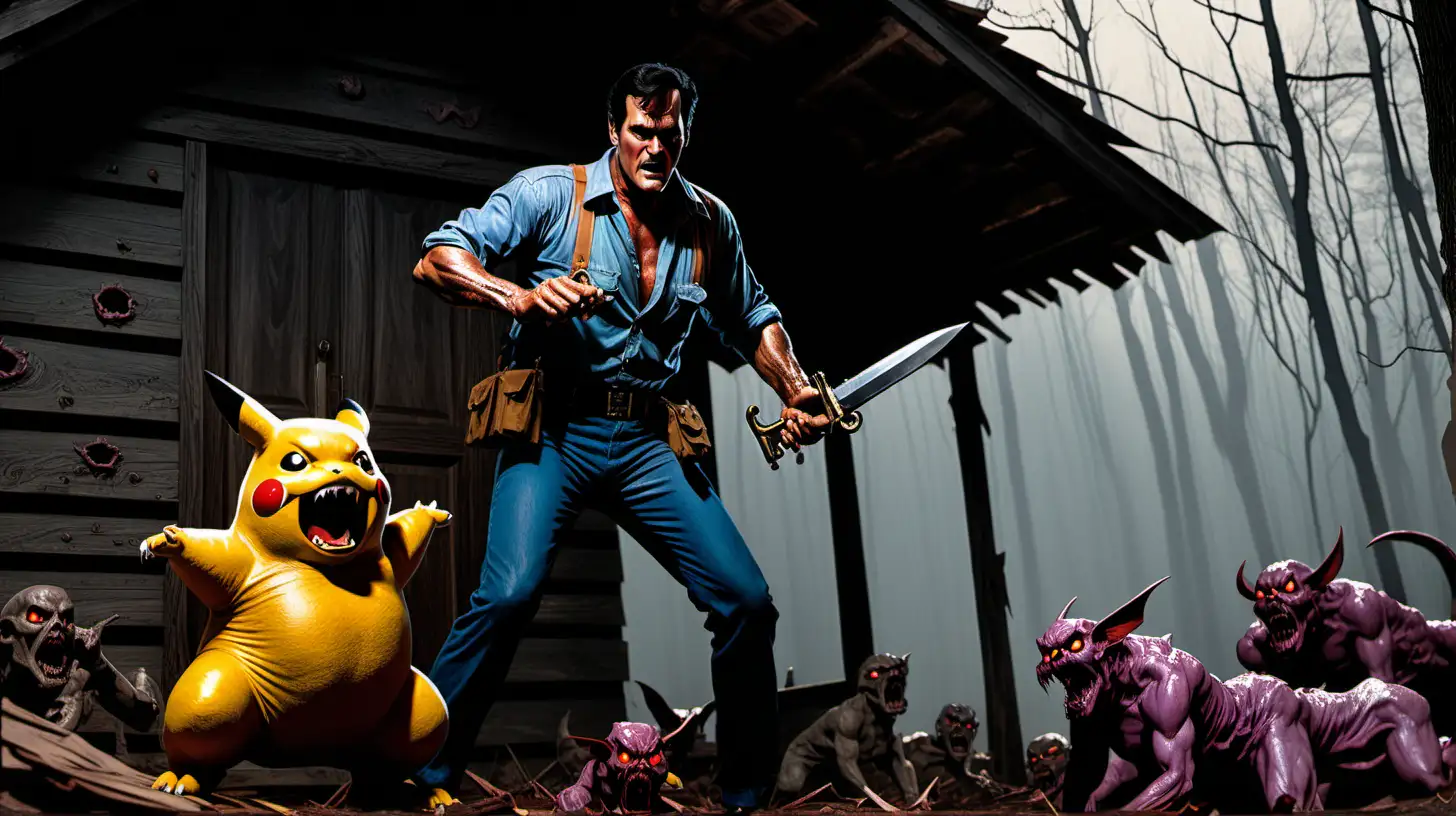 Ash Williams played by Bruce Campbell battling pokemon posessed by demons from the Necronomicon in the style of Frank Frazetta.  Background is outside the cabin from Evil Dead.
