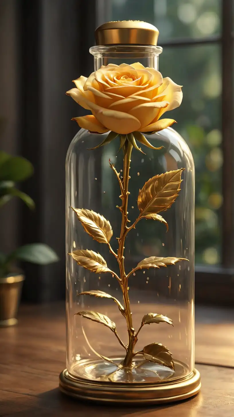   роза золотая внутри бутылки прозрачной 
