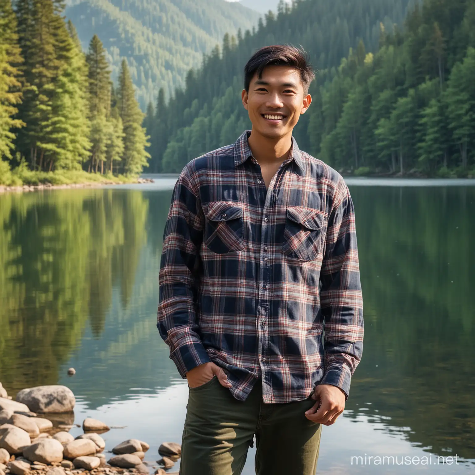 Seorang pria asia, tubuh agak kurus tersenyum ramah kemeja flanel, dan celana panjang, berdiri di samping danau yang indah, mengelilingi hutan dan gunung, foto ultra hd