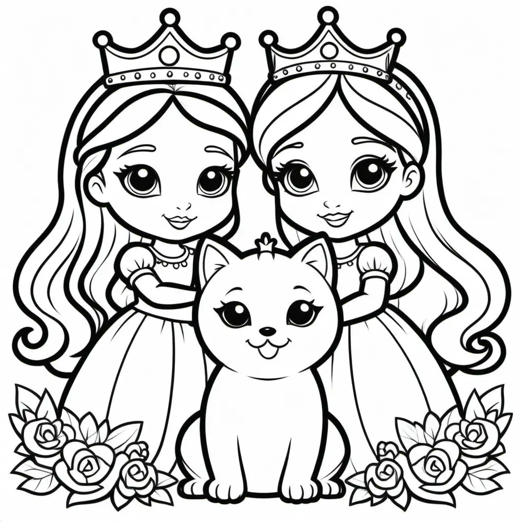 simple coloring book for kids,cartoon style  image, 2 princesses hiding her hands with a puppy and kitten with littlw crowns on,  black and white, no grey, thick lines, no shading --9:16--vr5
