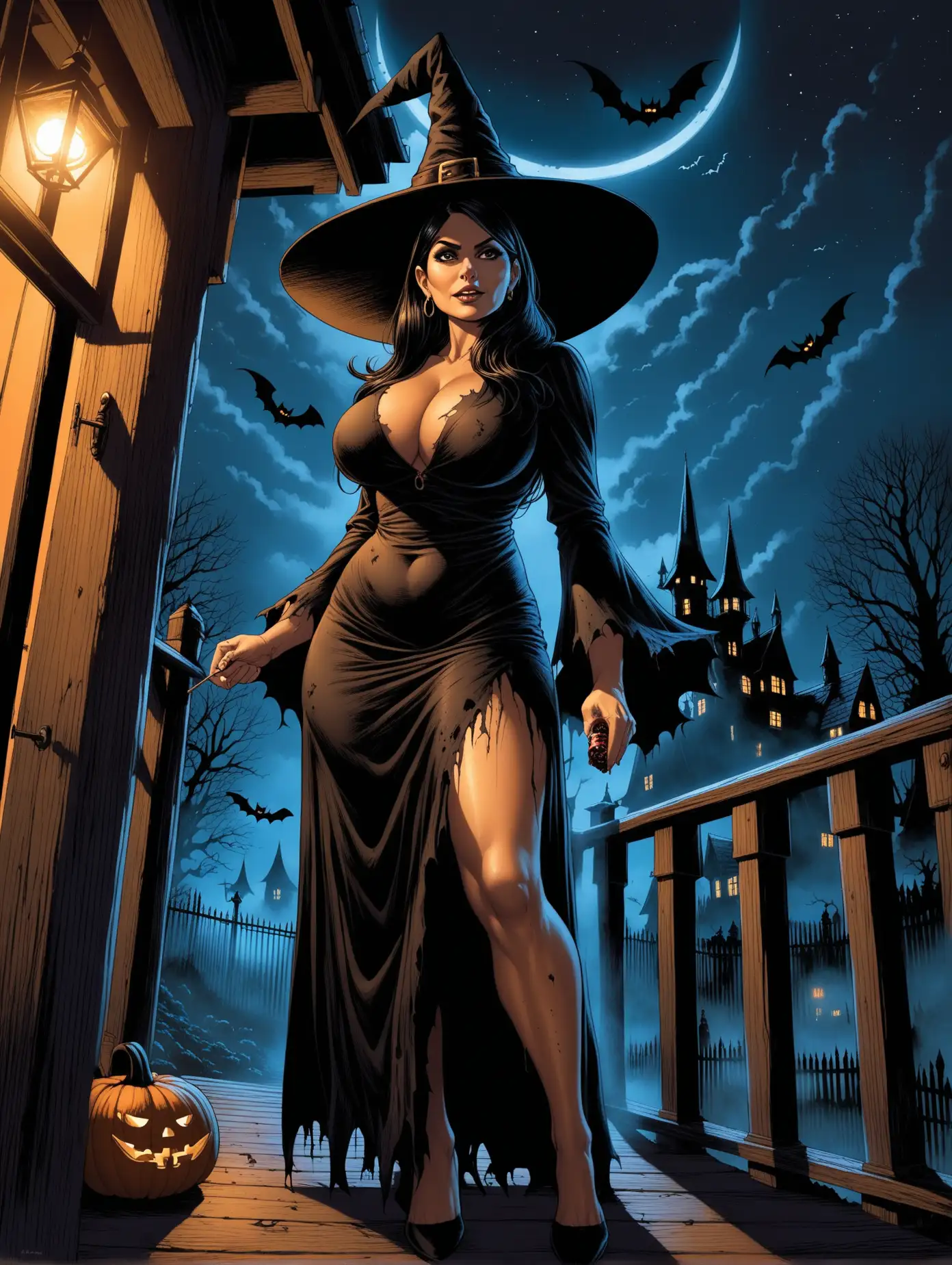Thick,Mature Priti Patel, tattered high slit black dress, giving out candy from porch[Highly Detailed] Bernie Wrightson art style, below angle, witch hat, pantyhose, halloween night, realistic 