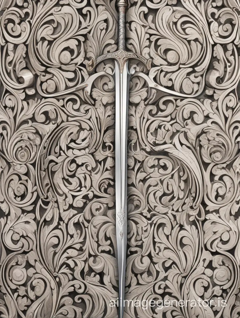 an abstract pattern consisting of curves and swirls. mixed in with the pattern are medieval weapons and armour
