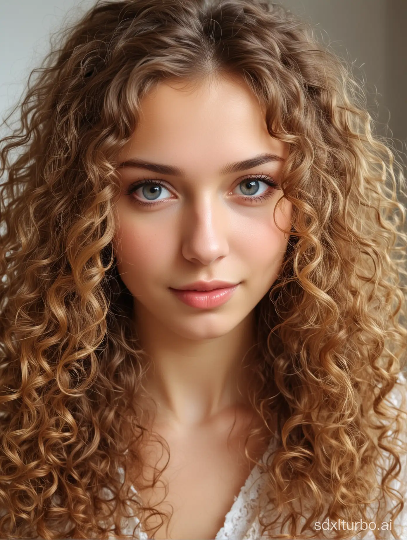 Young Russian girl, perfect face, shy and dignified, very shy, very arousing!!!! The cutest, the cutest face, the most beautiful eyes, super friendly smile, eyes very meticulous, eyes looking at the camera, very meticulous eyes, realistic, enticing looking forward, sexy girl, young, sexy, elegant, long curly hair