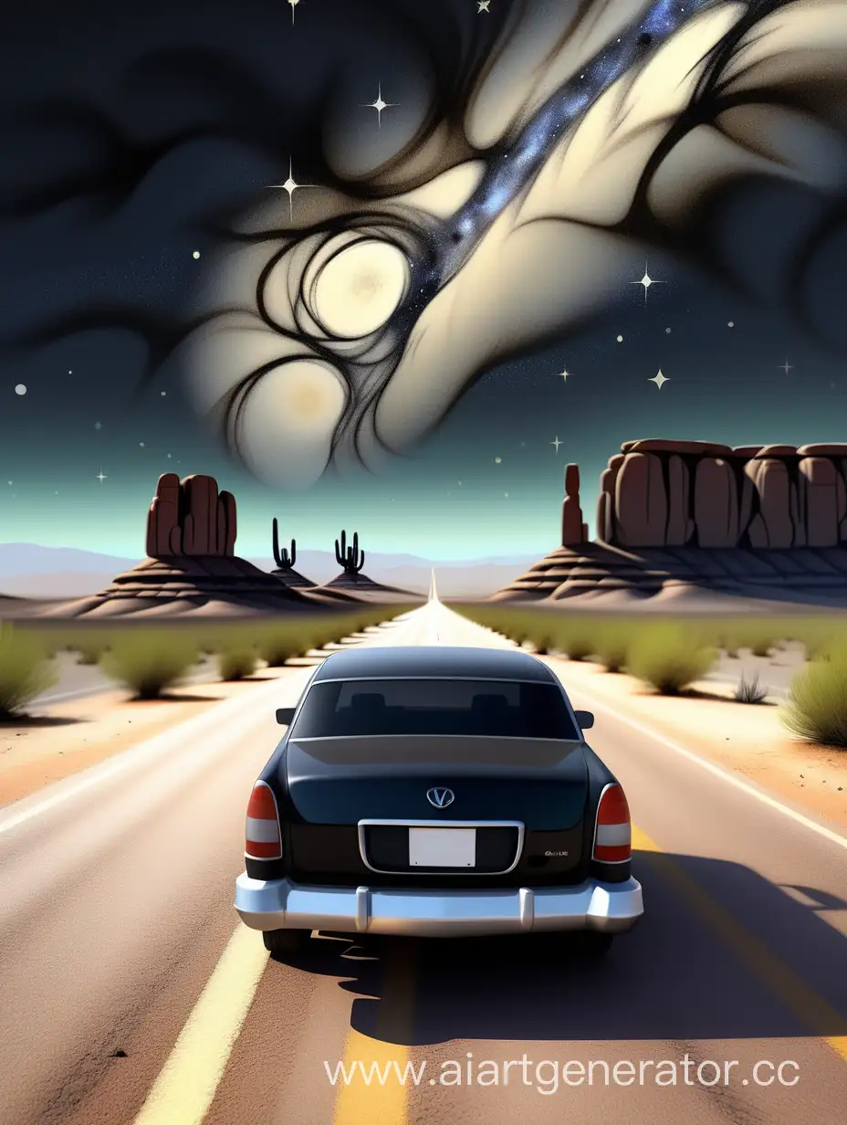 HIGH QUALITY PHOTO, DESERT BACK GROUND STARRY NIGHT, A BLACK CAR TRAVELS DOWN THE HIGHWAY LANDS SCAPE