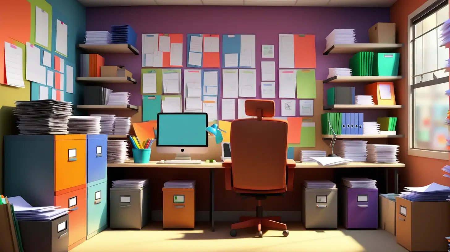 Efficient Office Workspace with Colorful Pixar Style