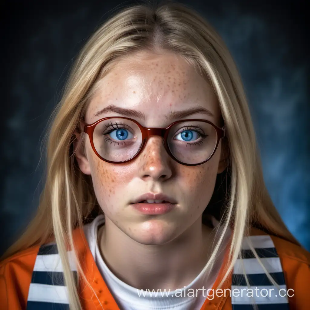 A young innocent looking female with soft skin and freckles, longt blonde hair parted in the middle, and blue eyes and brown plastic framed glasses. She is wearing an orange and white striped prison uniform. She looks nervous and scared.