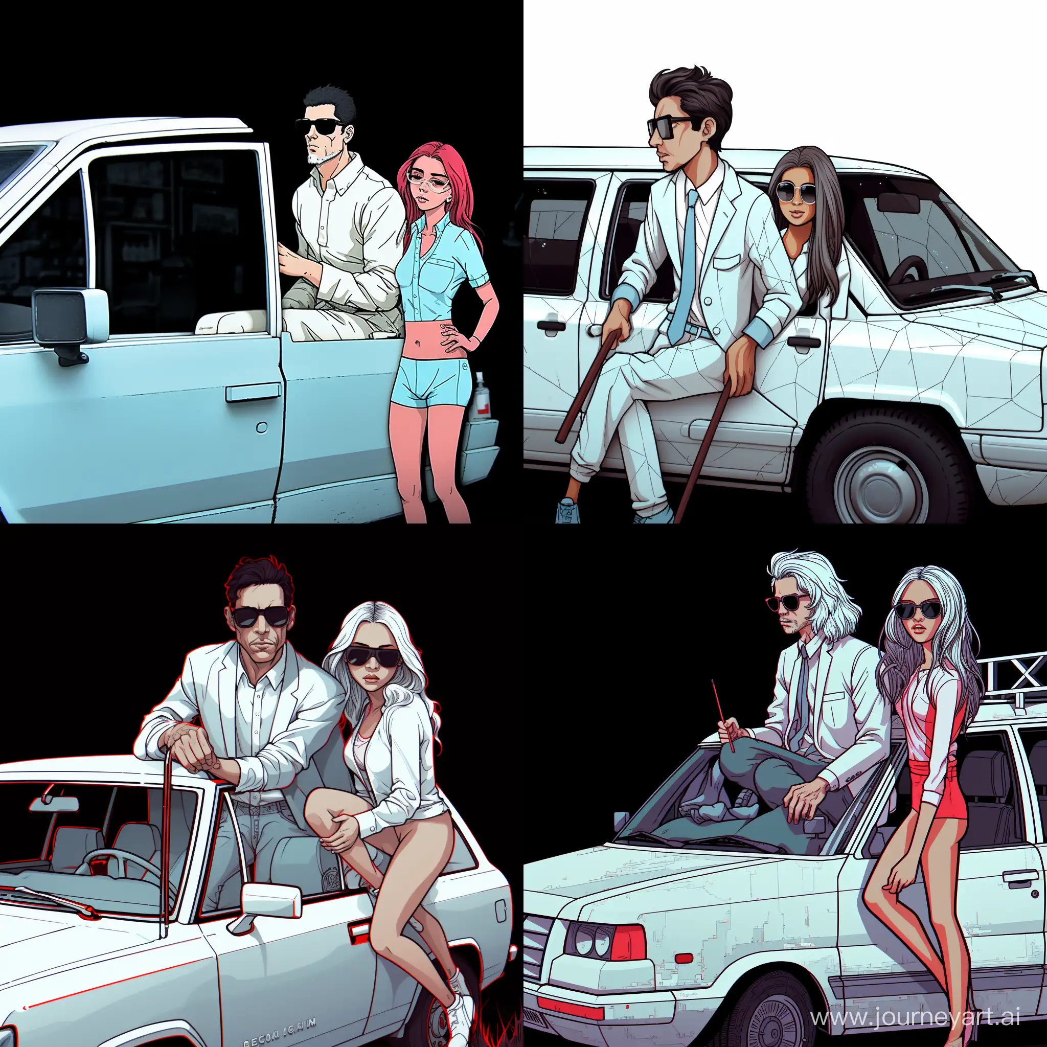 cover art for the track titled "I'll take it away", A white-skinned guy with glasses pushes a girl into a cool car, in cyberpunk style, 3d