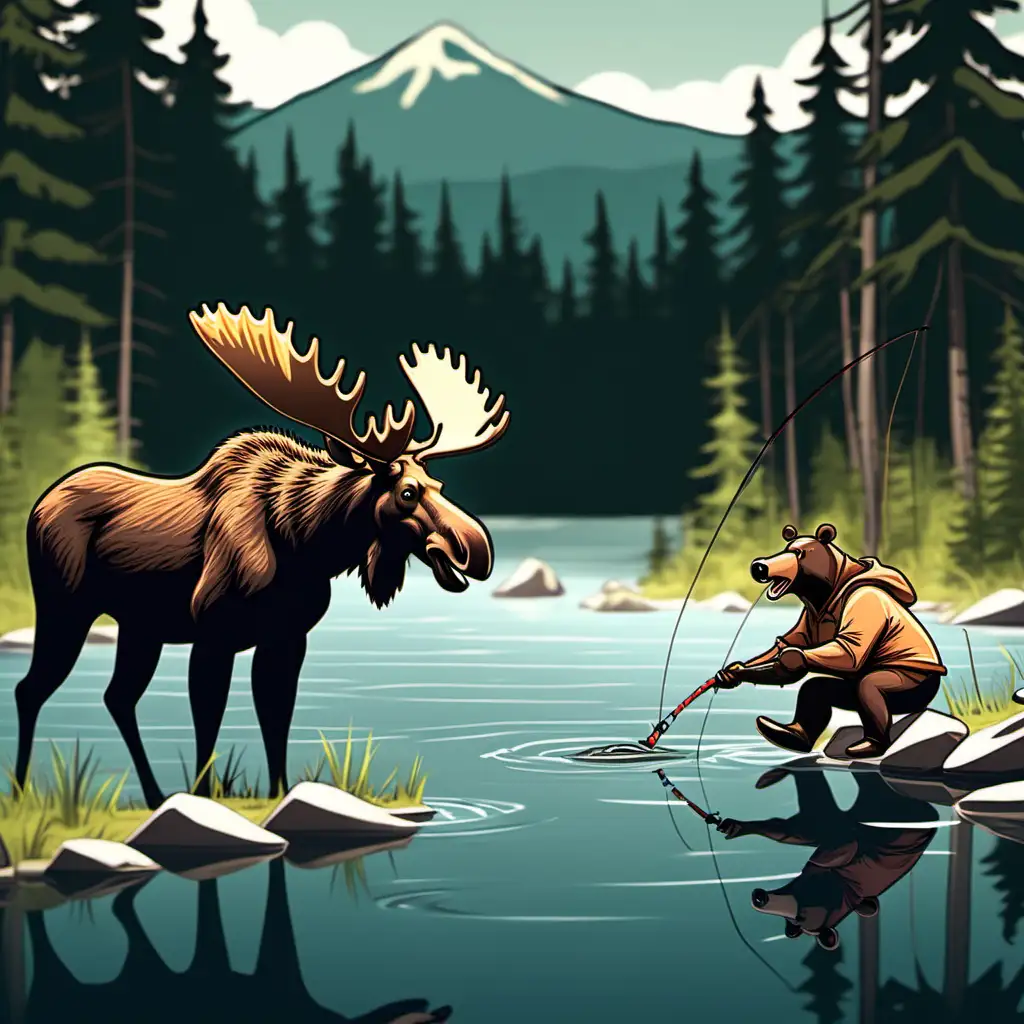 picture of a moose and a bear fishing, animated style
