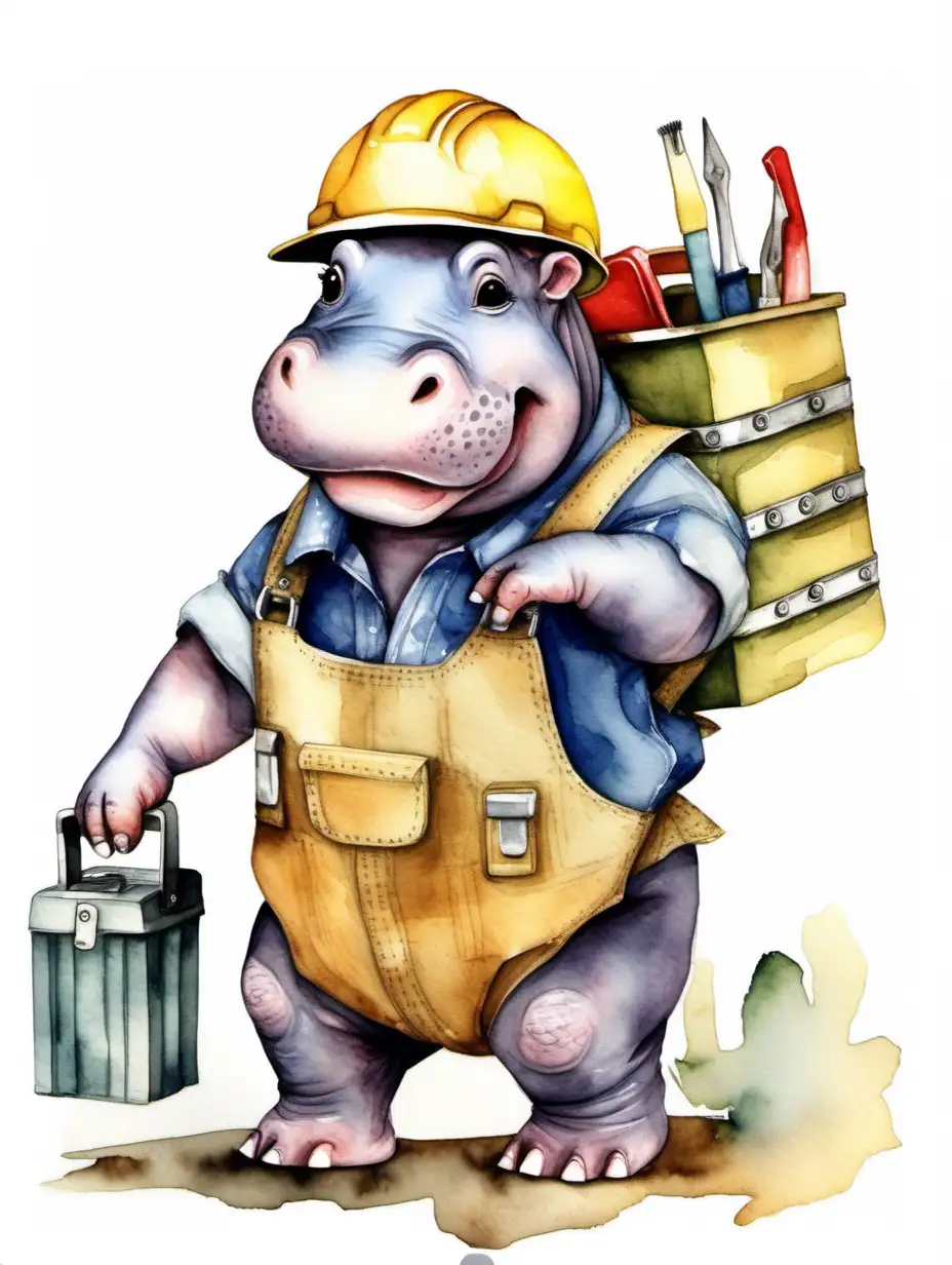 Adorable baby hippo dressed like a builder carrying toolbox, watercolour