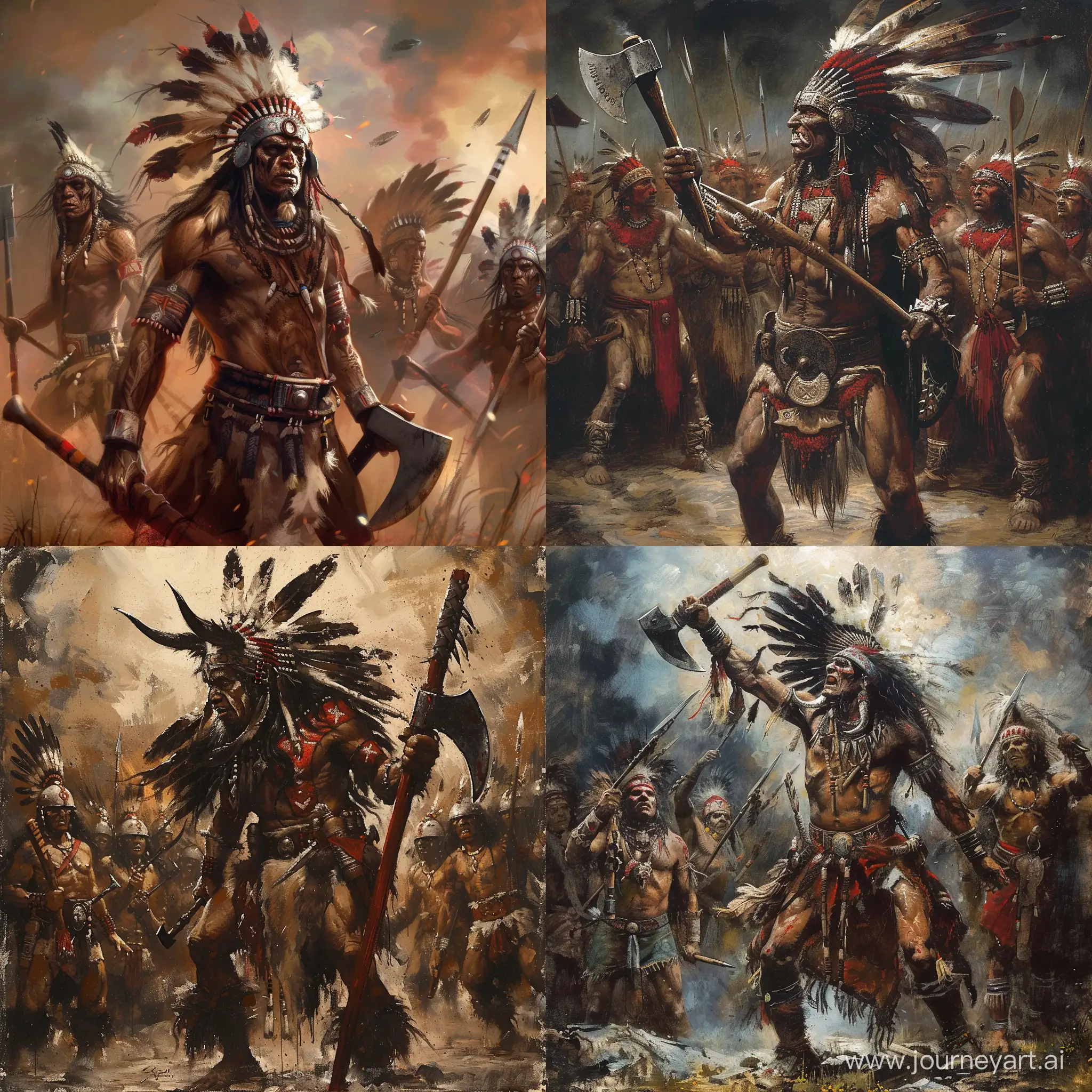 A Indian who’s half demon with his troops with a tomahawk 