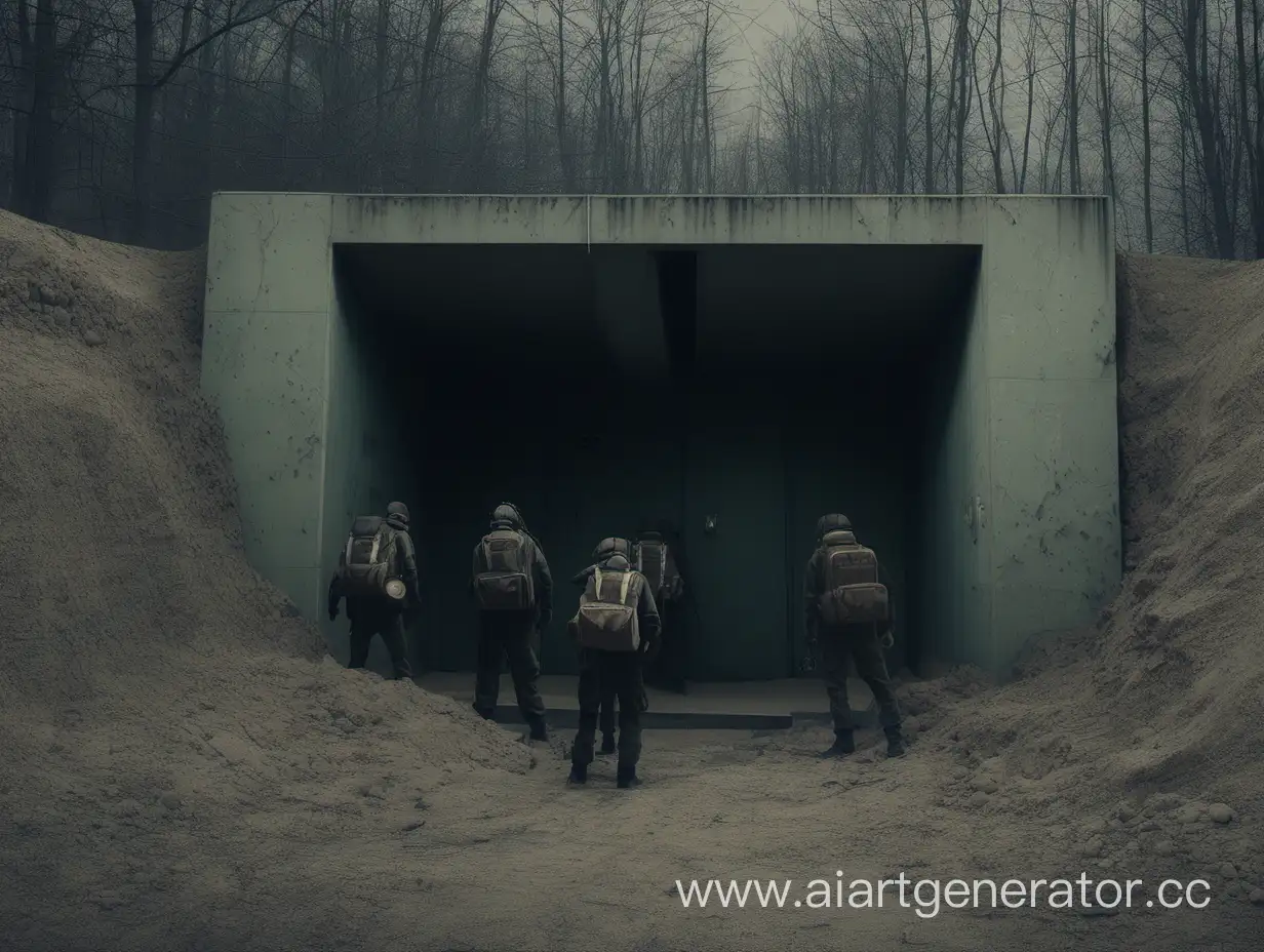 Бункер, где несколько людей пытаются войти в него, во время апокалипсиса