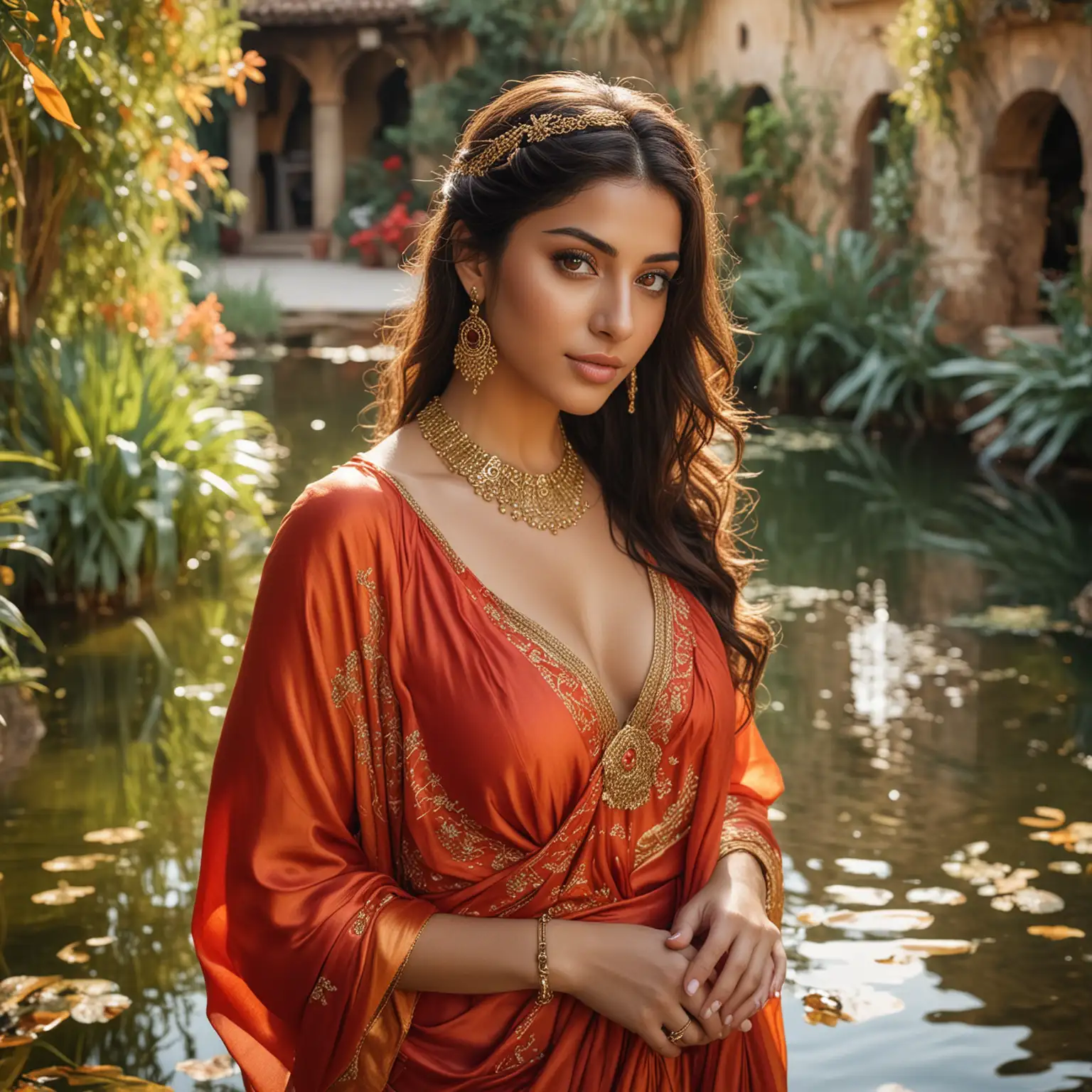 Arab woman, with thick dark hair and brown skin, light brown eyes and thick eyelashes, with delicate features, wearing a red and orange silk toga gown, heavy gold jewelry, in Mediterranean water garden, medieval setting