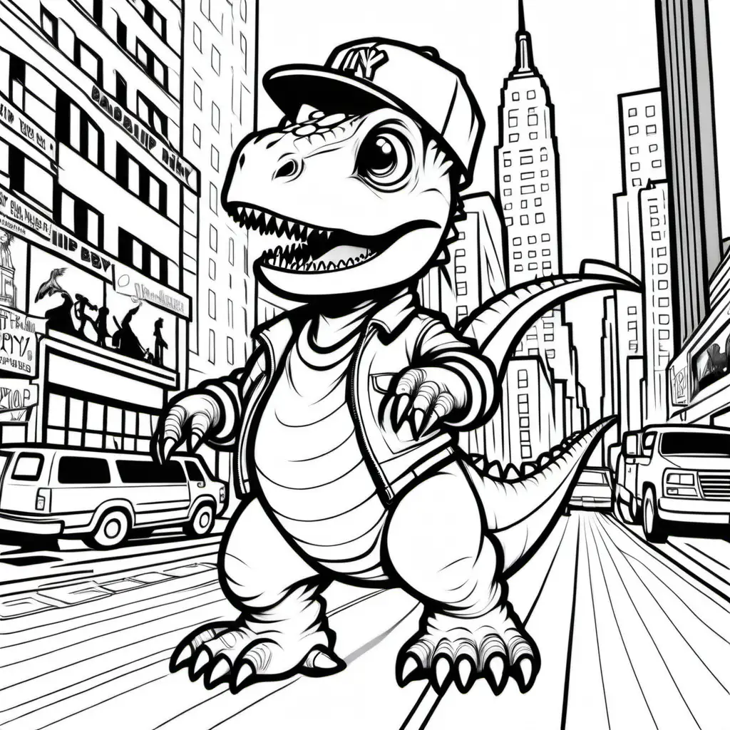 baby hip hop dinosaur in New York City, coloring pages, dark lines
