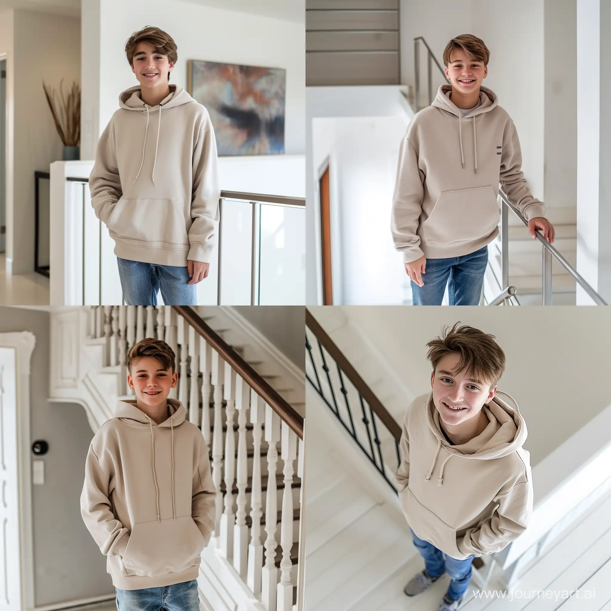 Generate a 14-year-old guy, cheerful, cute, smiling, stupid, naive. He stands on a white foyer in full height, half-turned to face the camera. He is wearing a light beige sports hoodie and jeans. The image should be as realistic as possible as a photo