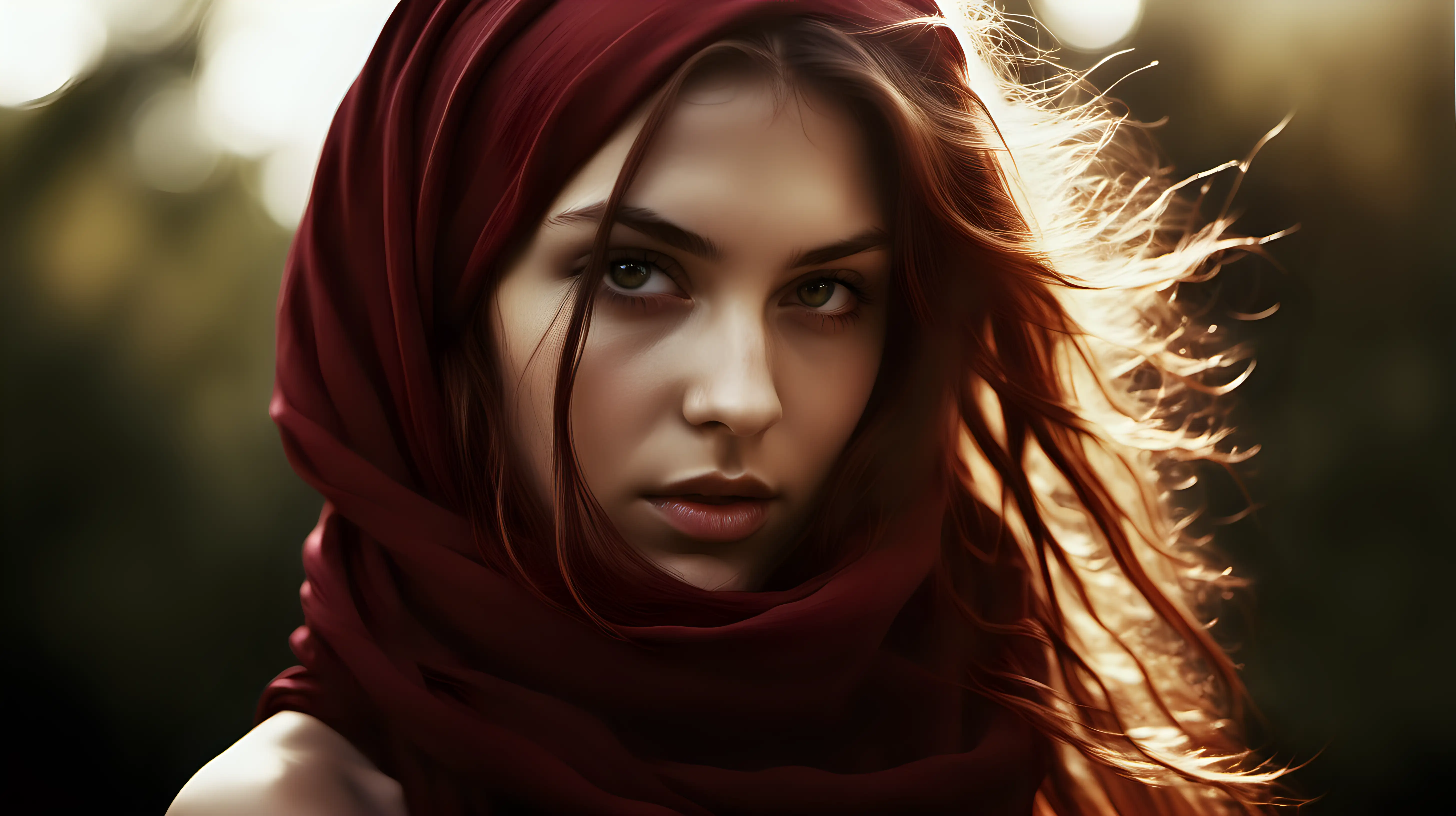 A realistic photograph of a beautiful female model with long messy hair, sensual eyes, dark red headscarf, showing emotions of love, soft, natural, fashion, editorial, backdrop sunlight, bokeh, medium format camera, high-resolution, detailed portraiture, hyperrealistic, stunning lighting, dynamic composition, emotive expression, soft gaze, kind eyes, textured skin, sharp focus, attention to detail, natural beauty, authentic photograph by Anton Corbijn --ar 3:2 --v 6.0 --style raw