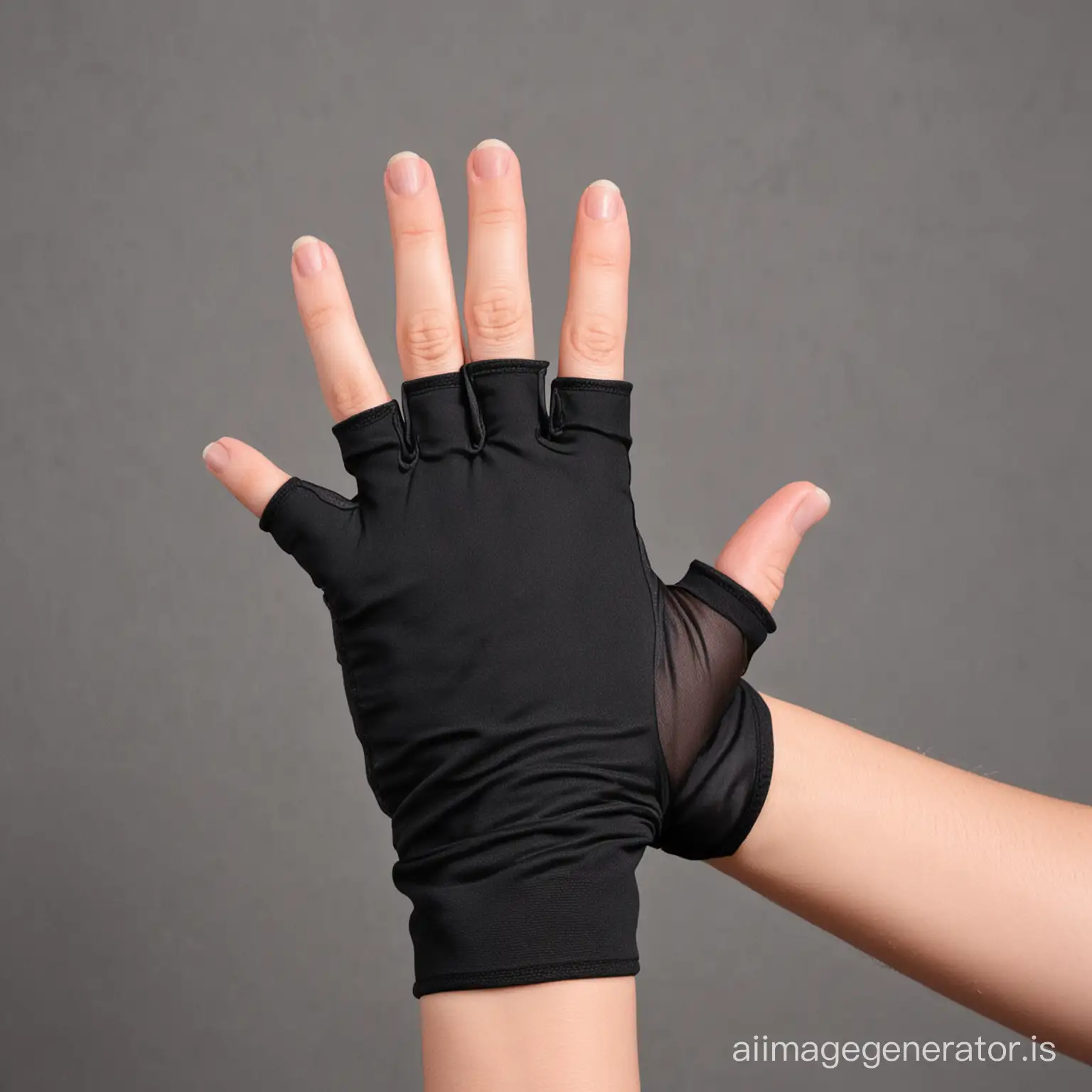 hand facing palm down modeling a short, black, nylon, fingerless glove with all fingers exposed except for the 4th finger