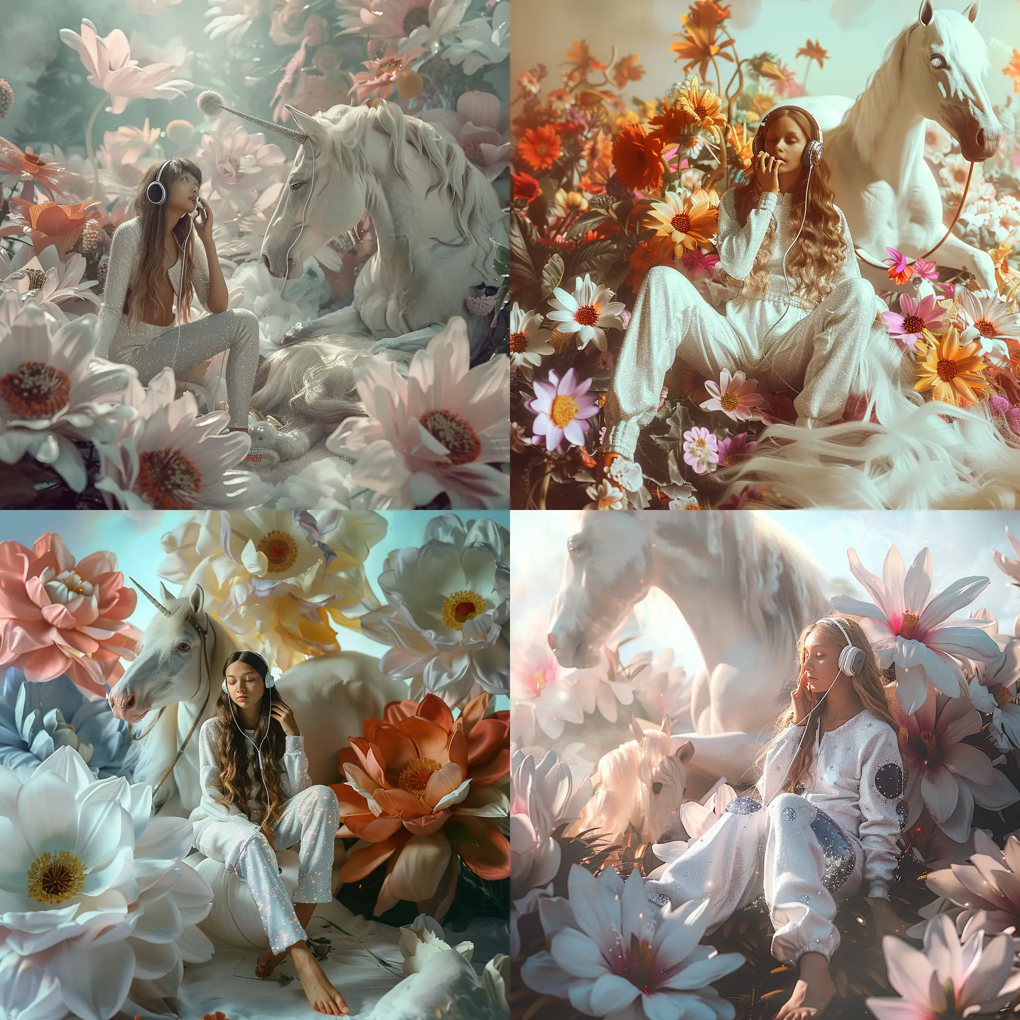 Girl-in-Cosmic-Jumpsuit-Relaxing-on-Giant-Flowers-with-White-Horse