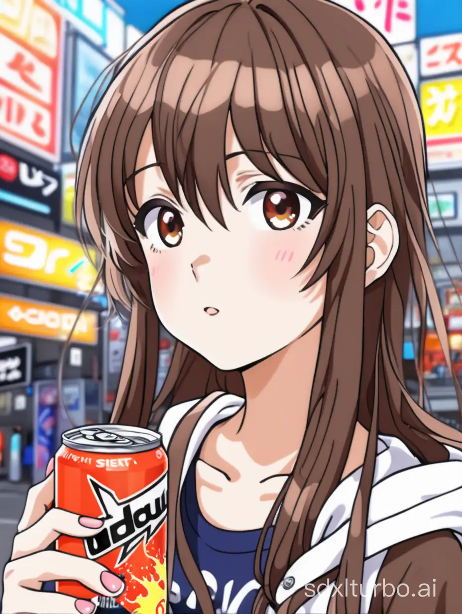 girl with energy drink. brown hair. anime style