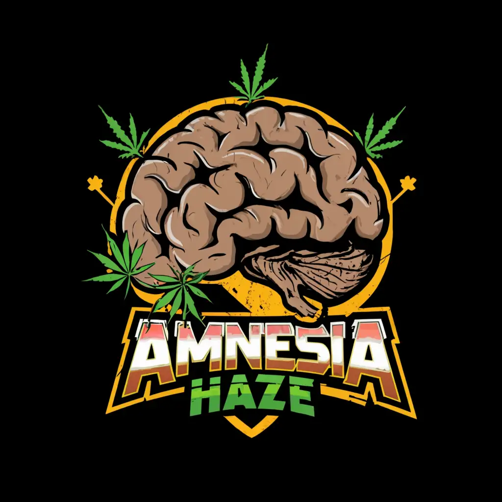 a logo design,with the text "Amnesia haze", main symbol:High, brain, skunk , weed leaf , comic style ,Dutch flag,Moderate,clear background