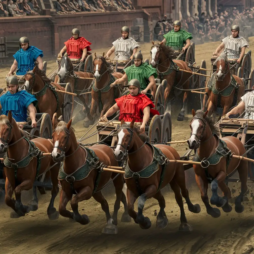 We are in ancient Rome, in the Coliseum. 10 men are driving a chariot, leaded quickly and dangerously each one by four horses. The men are dressed in a short  blue, green, red or white tunic, reinforced with leather straps at chest level ; leggings protect their calves and thighs, and a helmet their heads. 