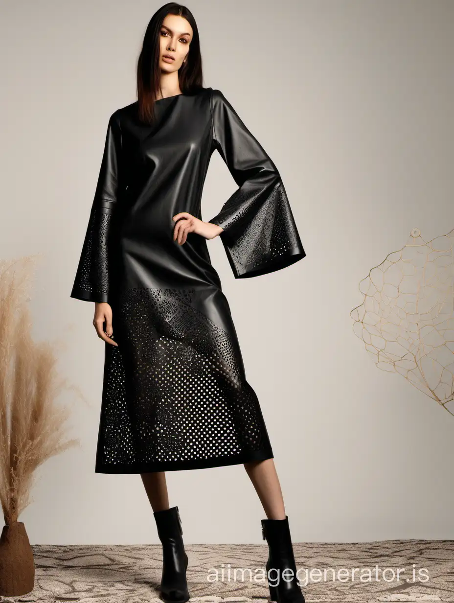  black perforated dress in boho style made of large perforated eco leather with straight neck and long wide sleeves.  Max length.  laser cutting in the form of lace.  imitation lace