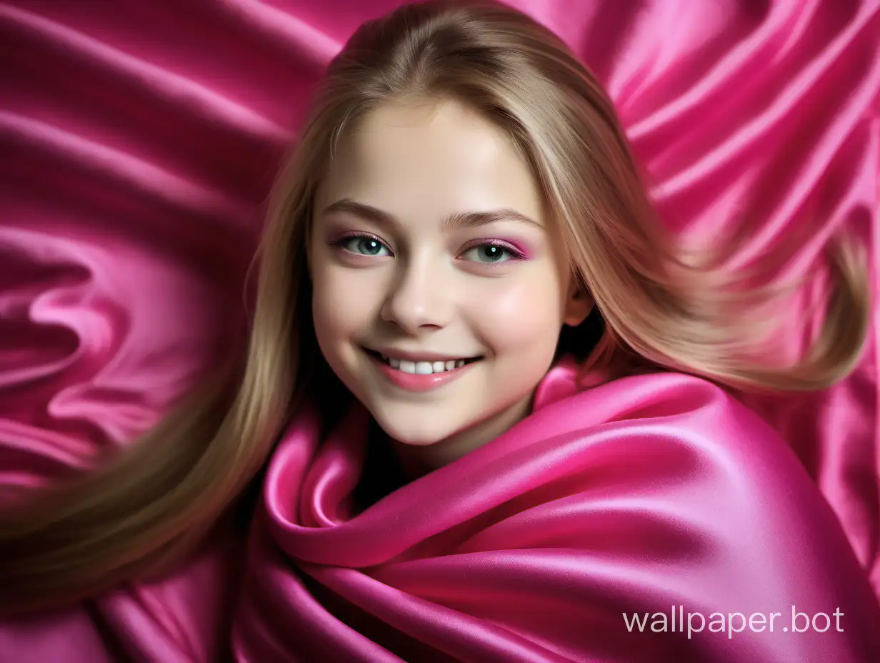 angelically smiling Yulia Lipnitskaya with long straight silky hair under luxury, silk sweet pink fuchsia blanket