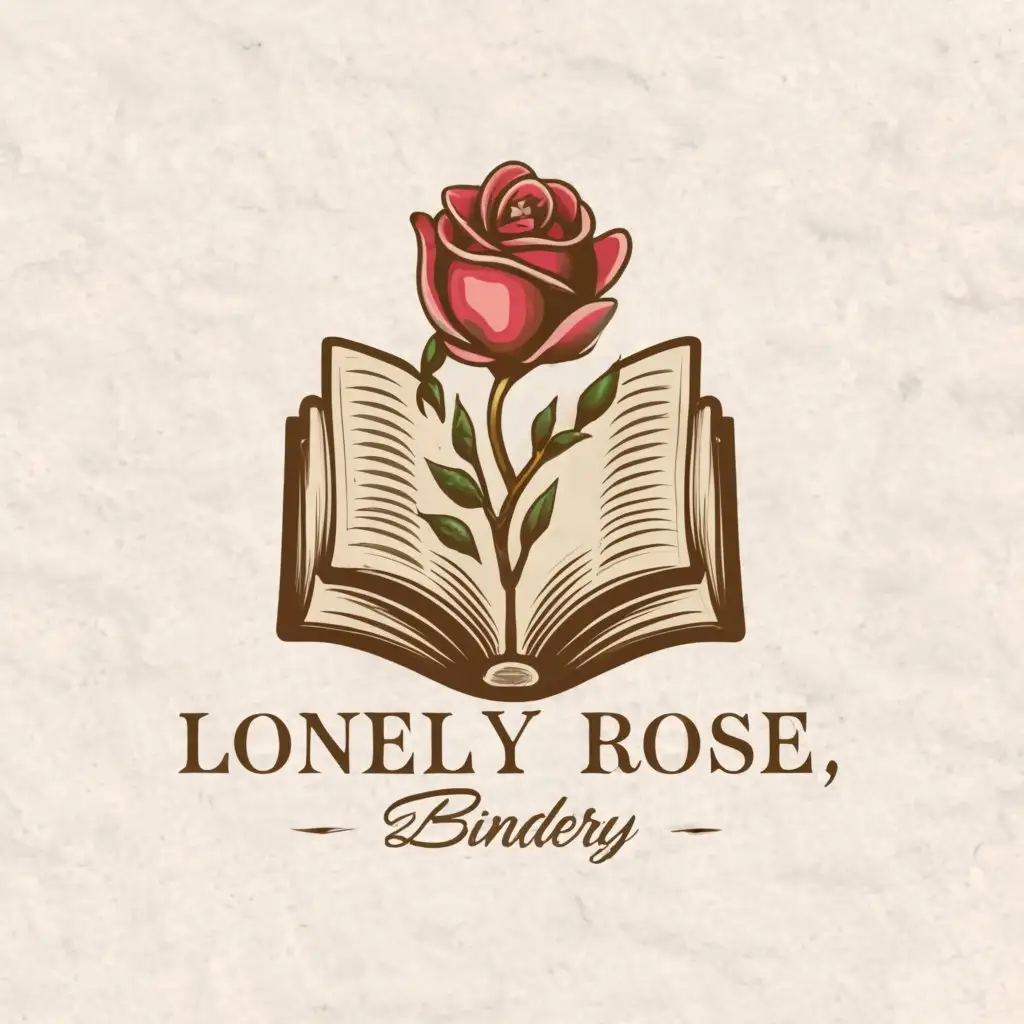 a logo design,with the text "Lonely rose bindery", main symbol:Rose growing out of an open book,complex,be used in Entertainment industry,clear background
