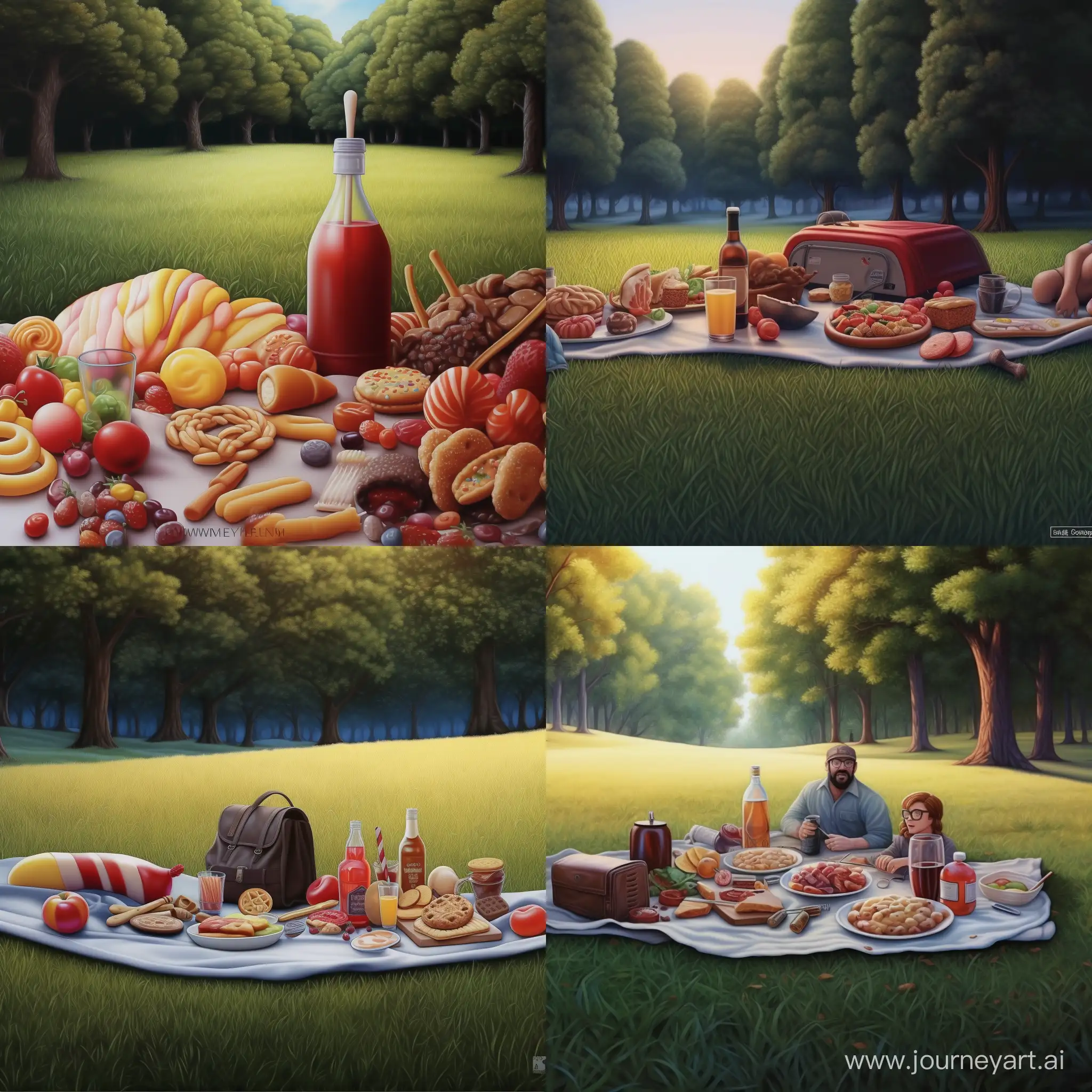 people eating gummies on picnic, photorealistic, simmer time, detailed