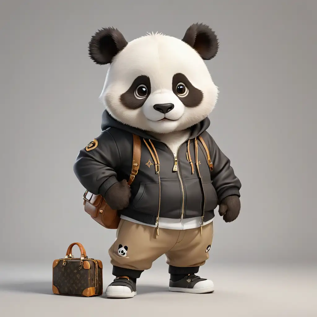a cute panda in full body cartoon style with louis vuitton training outfit with blank background