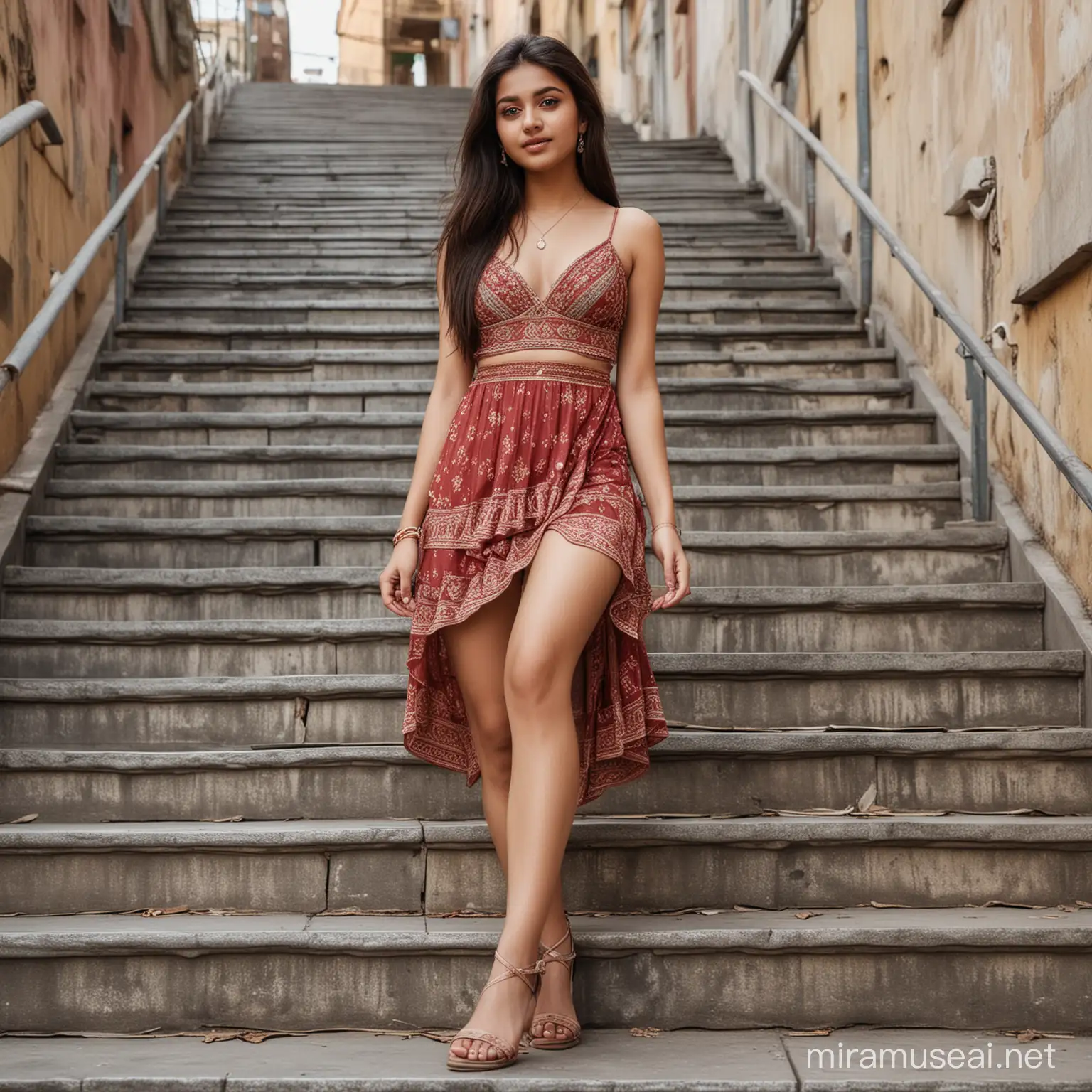 Make a realistic image of Indian x Russian girl age is 19. Wearing aesthetic clothes. Background like a stairs. Don't match clothes and stairs colour