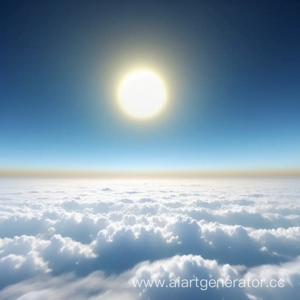 View of the horizon. Blue sky above, dense white clouds and pale yellow haze below. There are a lot of moons in the sky, located far from each other. Realistic. 4K photo.