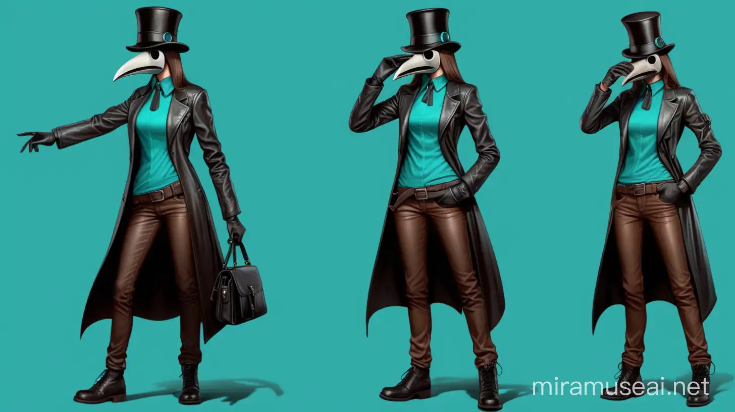 Elegant Plague Doctor Girl in Top Hat and Leather Coat
