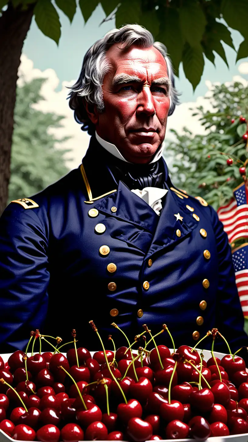 Illustrate President Zachary Taylor surrounded by cherries in the background viewing  the 4th of July atmosphere. 