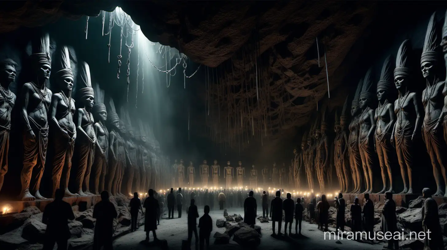 A stunning 3D rendering of a dark, mysterious cave filled with awe-inspiring statues, mummies, and dozens of workers. The statues are towering, standing at 10 meters high, and are chained by ropes with a horn perpendicular to the wall. The workers are busy, illuminated by the dim lights of their torches. The world echoes in the background, adding to the eerie atmosphere. The image is well-composed with a balance of light and dark elements, creating a sense of realism and live-action. The ultra-realistic and highly detailed photograph captures the intensity of a dystopian film scene., dark fantasy, cinematic